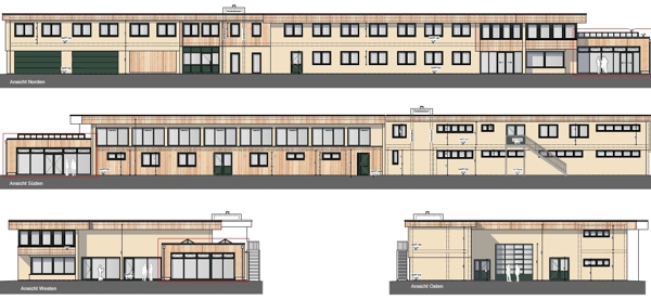 So wird der Gesamtkomplex nach der Fertigstellung aussehen. Im
vorderen Bereich wird der Laden mit Cafébereich eröffnet. (Entwurf:
Büro az architekten, Rotenburg)