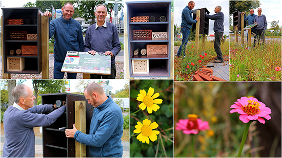 Manfred Radtke vom BUND Rotenburg (rechts im Bild) und Jens
Gliessmann, Betriebsstättenleiter des Standorts der Lebenshilfe an
der Brockeler Straße, bauten die Wildbienen-Nisthilfe zusammen auf